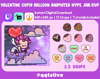 May include: Animated Valentine's Day jar or cup with 13 drops. The drops include a pink cupid with a heart balloon, chocolate-covered strawberries, and hearts with phrases like "XOXO", "Be Mine", "Miss You", "Kiss Kiss", "Fall in Love", and "Sweet Heart".