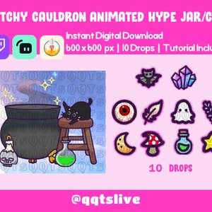 Könnte beinhalten: Animierter Twitch Hype-Behälter/Becher mit einer schwarzen Katze, die auf einem Hocker neben einem Kessel mit einer grünen Zaubertrankflasche, einem Schädel und einer Kerze sitzt. Der Hintergrund ist ein blauer Himmel mit Sternen und dem wiederholten Text "QQTS". Das Bild enthält 10 animierte Tropfen, darunter eine Fledermaus, ein Kristall, ein Auge, eine Feder, ein Geist, Lavendel, ein Mond, ein Pilz, eine Zaubertrankflasche und ein Stern.