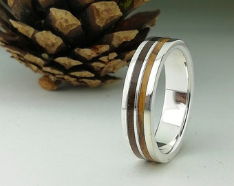 Bague en argent olive et noyer - Bague pour homme ou femme - Idée originale d’alliance