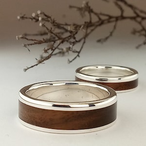 Walnut Wood and  Silver Sterling Rings - Mens Wood set Rings - Mens Wedding Band - Mens Wedding Ring