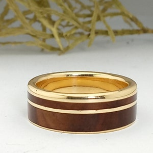 Mens wedding band Gold wedding rings - Gold and walnut ring 18K - Yellow gold ring - Different wedding band - 18K Solid Gold ring