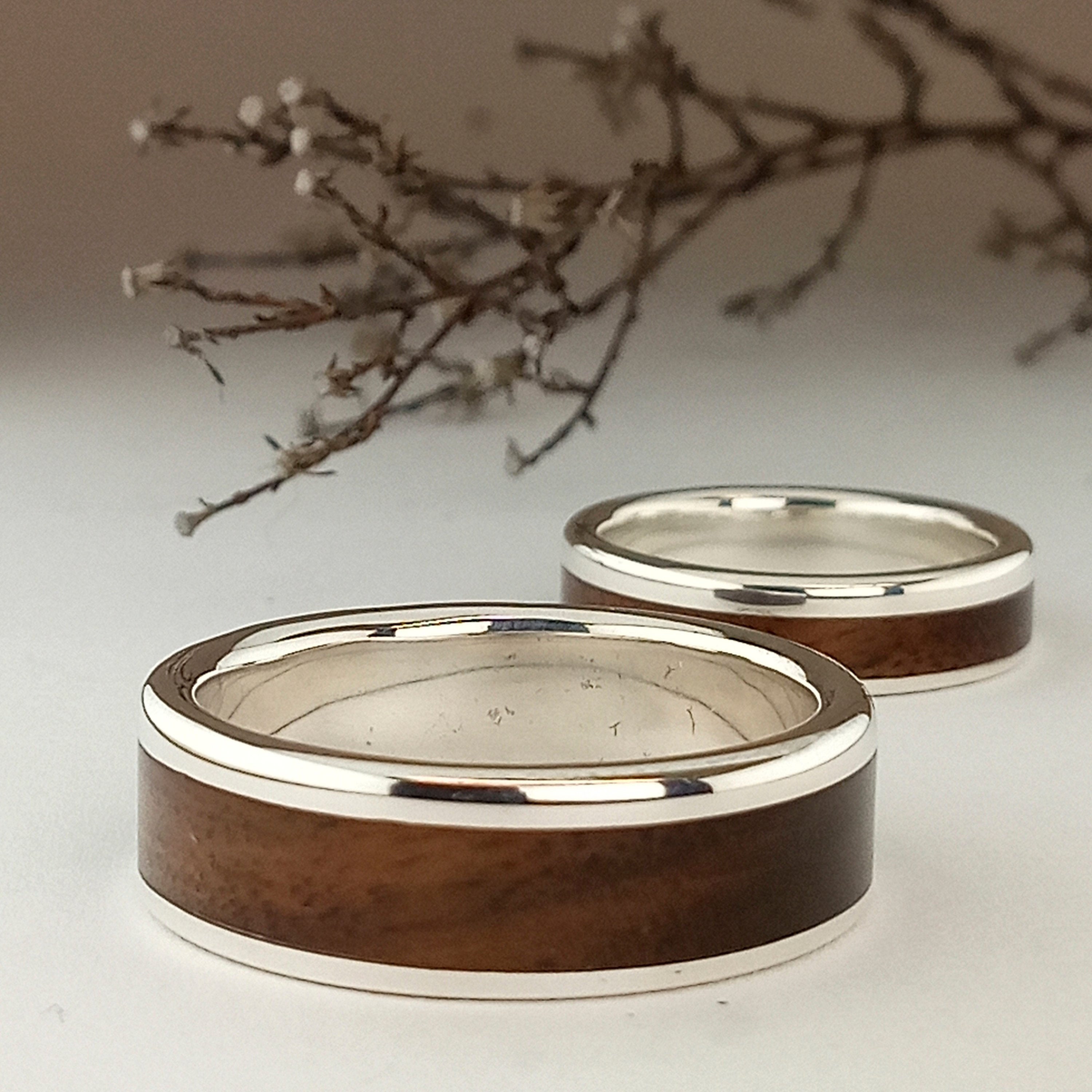 Walnut Wood and Silver Sterling Rings - Mens Wood Set Rings - Mens