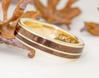 18K yellow gold ring 18K and walnut wood - 18K Solid Gold ring