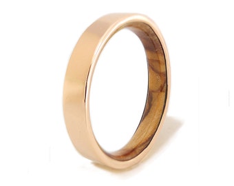 Rose gold ring and olive wood - New design in Original wedding rings- Trending rose gold ring - 18K Solid Gold ring