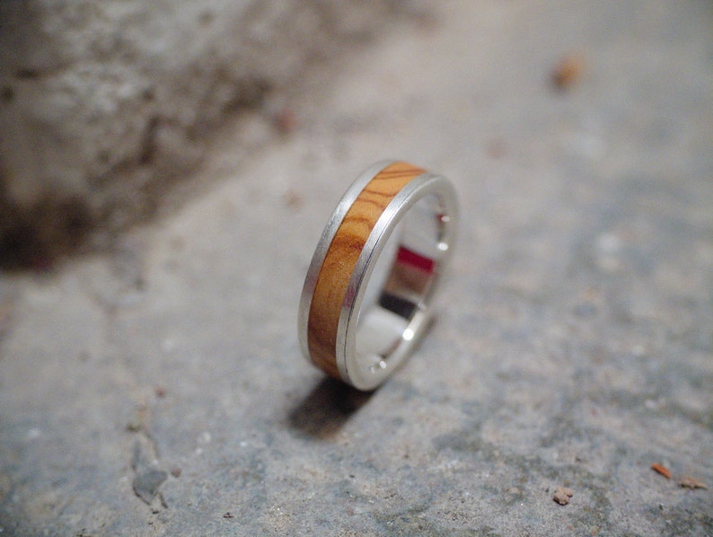Olive wood Ring Silver Mens Wedding Band / Wood Ring / Wedding Etsy
