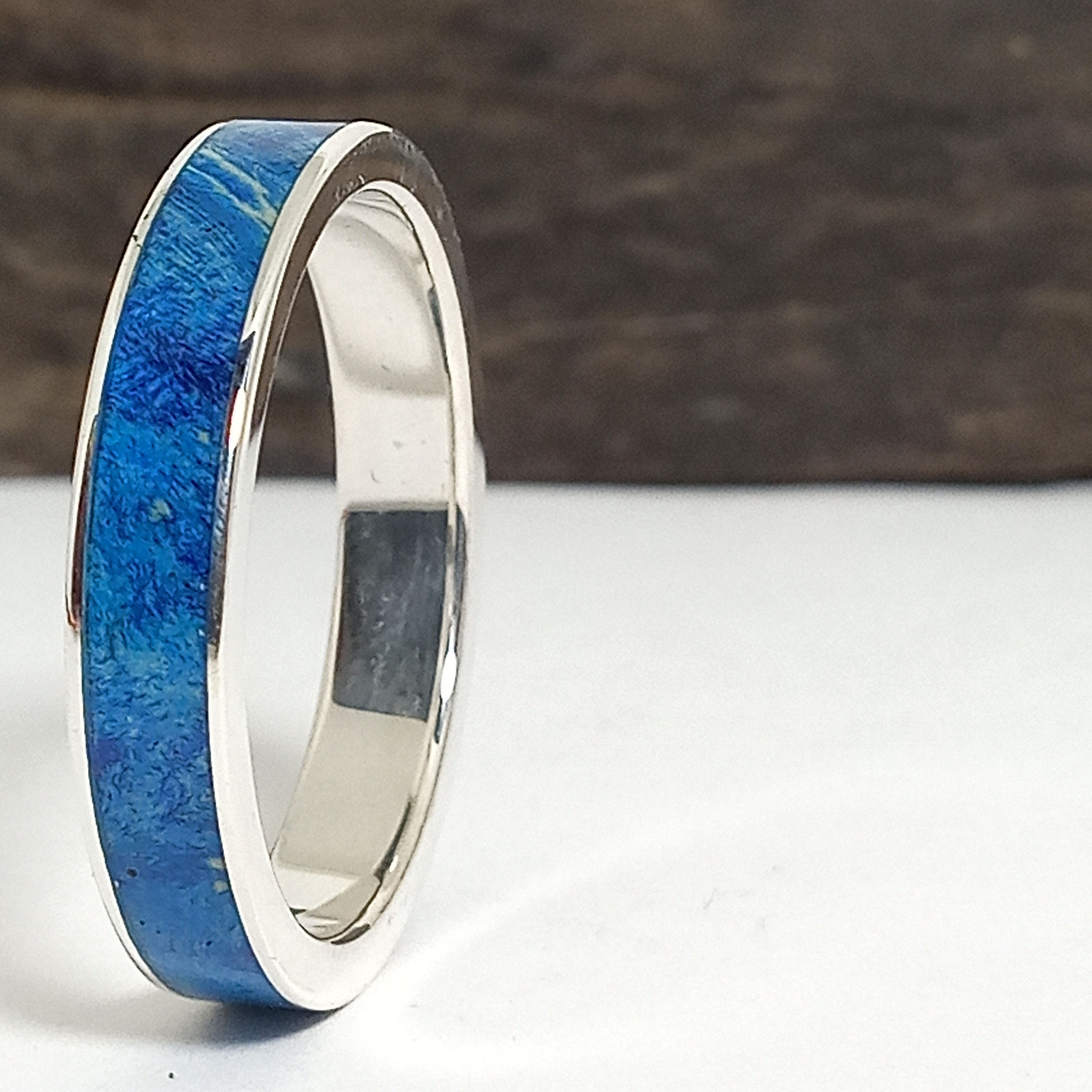 Birch Blue Silver Ring Mens Wedding Ring Wood. Silver Etsy