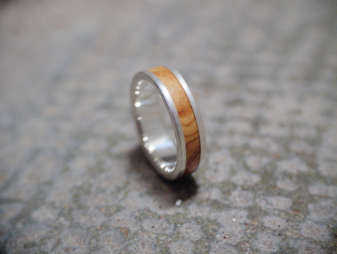 Olive wood Ring Silver Mens Wedding Band / Wood Ring / Wedding Etsy