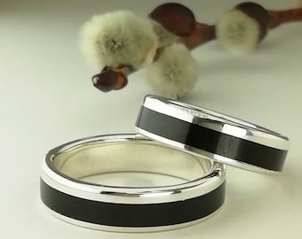 Paire d’anneau d’argent avec le bois d’ébène - Nouveau mariage Alliance Design - Bijoux Ecofrendly