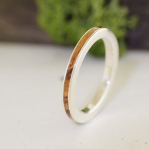 Thin Olive Ring wood and Sterling Silver Ring - 2.5mm thin / Wood wedding ring / Stackable Silver Ring / Olive ring, Wood ring