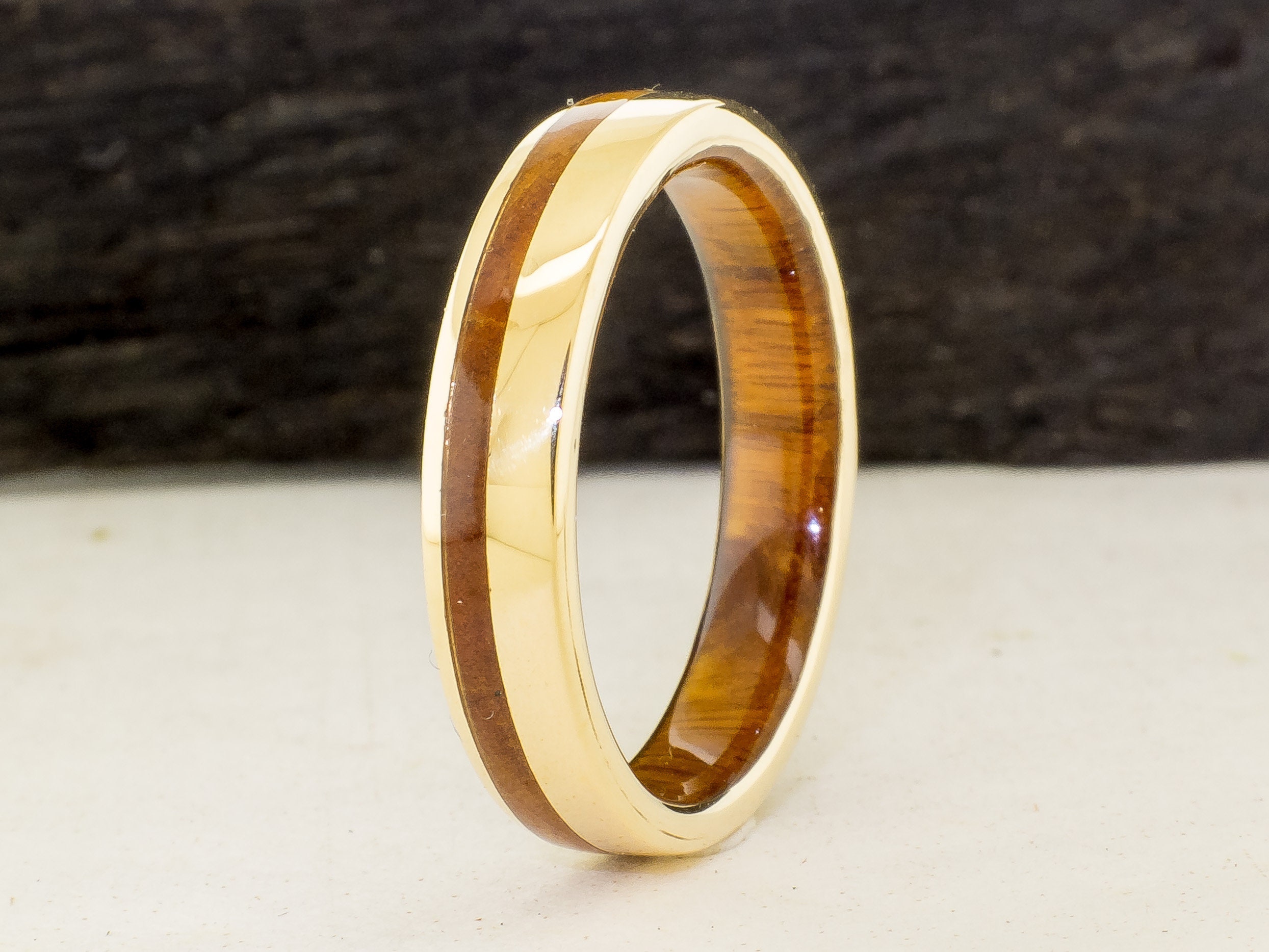 Original Gold Ring With Lignum Vitae Wood . Yellow Gold Ring