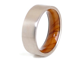 Olive Ring and Silver - Brushed Silver Ring - Mens Wedding Band, Olive Wood Ring, wood wedding band, silver bands, handmade silver ring