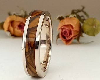 White Gold Ring 18 k and olive Wood - Different wedding band - New alternative for white gold ring - 18K Solid Gold