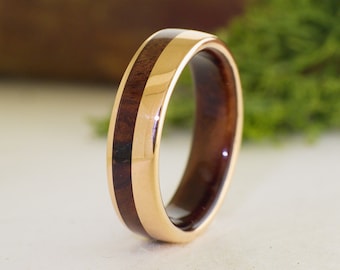 Wedding band rose gold 18K and walnut ring - Bride and groom ring idea - Original anniversary ring