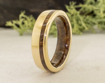 Wedding Band Yellow Gold 18K and Walnut ring - Bride and groom ring idea - Original anniversary ring - 18K Solid Gold