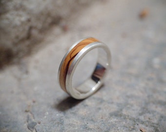 Olive wood Ring Silver Mens Wedding Band / Wood Ring / Wedding Ring / Olive Ring