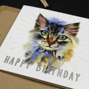 Maine Coon Happy Birthday Card | Chat Aquarelle Starburst Design