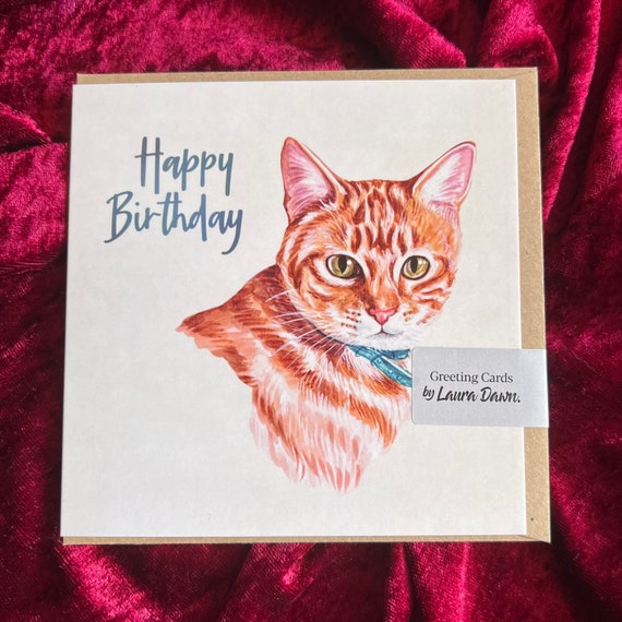 Geburtstagskarte Mit Getigerter Katze – Handgeprägt, Aus Umweltfreundlichem Karton, 15,2 X 20,3 Cm