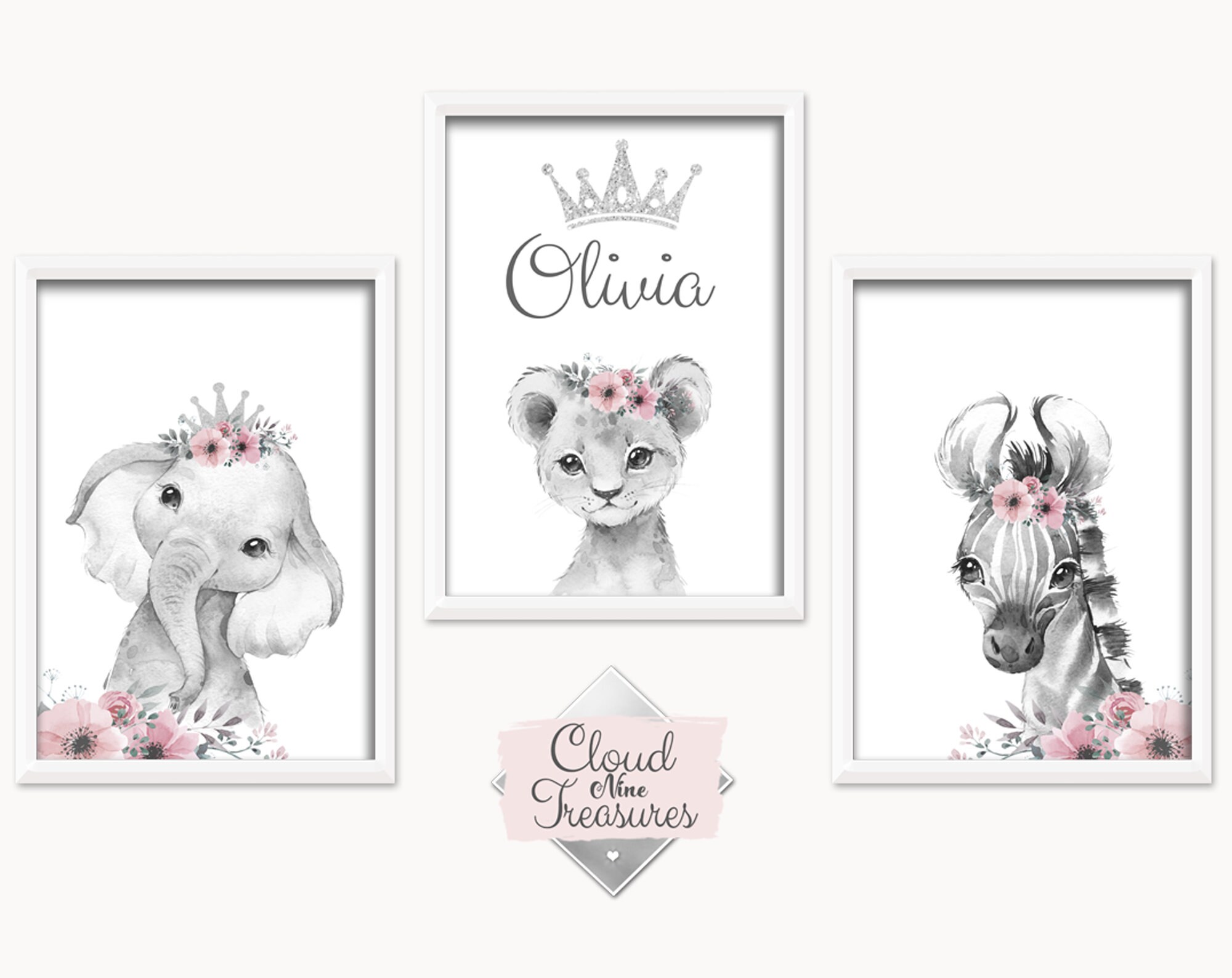 Safari Animals Baby Girls Nursery Set Of 3 Personalised Prints | Etsy