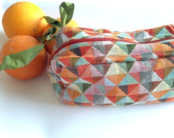 Handmade Fabric Purse. Cotton Toiletry bag. Fabric travel purse. Makeup pouch. Print bag. Large make-up purse. Travel bag. Orange purse