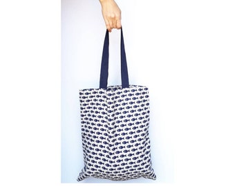 FISH print Tote. Cotton hand Bag. Fish print shoulder bag. Summer ToteBag. Blue fish bag. Handmade fabric bag. Beach tote. Gym bag. Yoga bag