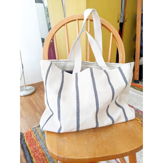 Red & White Striped Fabric Tote Large