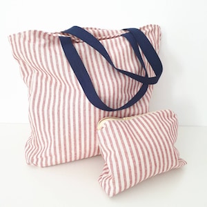 Rosa gestreifte Strandtasche. Handgefertigte Baumwolltasche. Strandtasche mit Reißverschluss. Rosa Pooltasche. Sommertasche aus Baumwolle