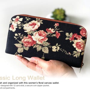 Women’s Floral Cotton Canvas Wallet–12 Card Slots,Classic Long Zipper Wallet,Brass Zipper,Coin Pocket,Durable&Fully Lined,Handmade Gifts