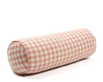 Linen Bolster Cushion in Rose Gingham