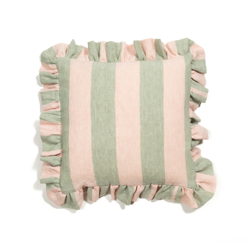 Green and pink striped ruffle cushion