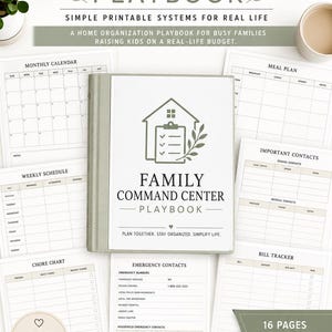 May include: A Family Command Center Playbook binder with a sage green cover featuring a house icon and clipboard graphic. The set includes sixteen printable pages such as a monthly calendar, meal plan, weekly schedule, chore chart, and contact lists.
