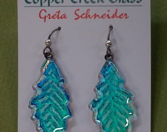Bright Handmade Dichroic Oak Leaf Earrings by Greta Schneider