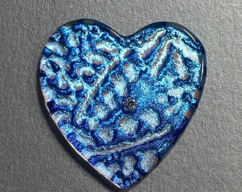 Sparkling CZ on Textured Blue Dichroic Fused Glass Heart with Optional Bail and FREE shipping!