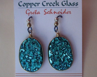 Gorgeous Turquoise Dichroic Wire Wrapped Earrings by Greta Schneider Copper Creek Glass & Designs