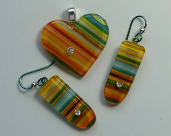 Pretty Multi-Color Fused Glass Heart and Matching Earrings with CZ's Embedded