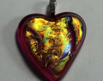 Rippled Gold Over Red Fused Glass Heart Pendant!