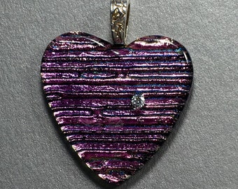 Lovely PINK Textured Dichroic Heart Pendant!  Free Shipping!