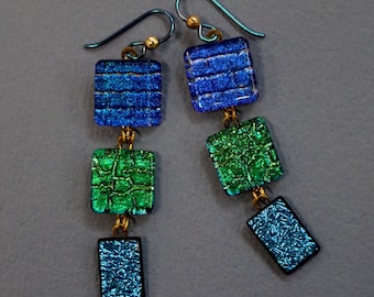Bright Dichroic Blue Green Dangle Earrings by Greta Schneider