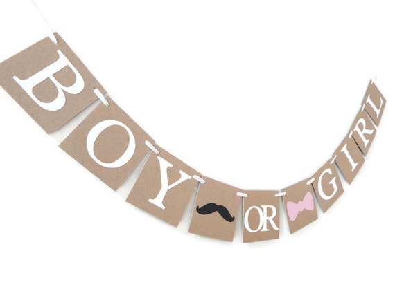 Boy or Girl Banner, baby shower decorations, gender reveal ideas, baby shower banner, mustaches or bows garland, pregnancy announcement sign Il_570xn