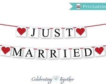 printable just married banner, instant download wedding send off garland, diy hitched car decorations, digital bride and groom photo props