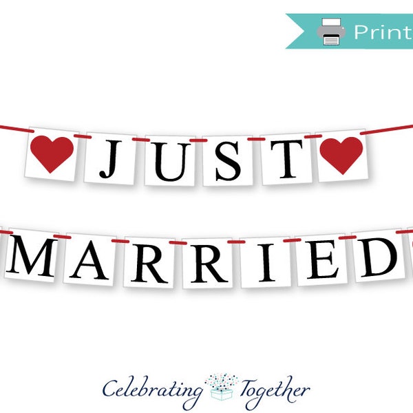 printable just married banner, instant download wedding send off garland, diy hitched car decorations, digital bride and groom photo props