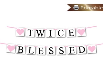 printable twice blessed banner, girls printable baby shower decorations, gender reveal party ideas, pink its twins surprise party decor