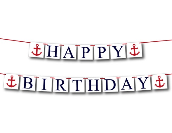 Nautical happy birthday banner, boys first birthday party decorations, little sailor red white and blue anchor themed birthday sign Il_570xn