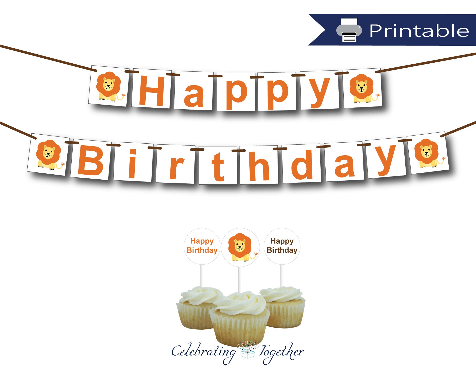 PRINTABLE safari happy birthday banner and lion cupcake | Etsy