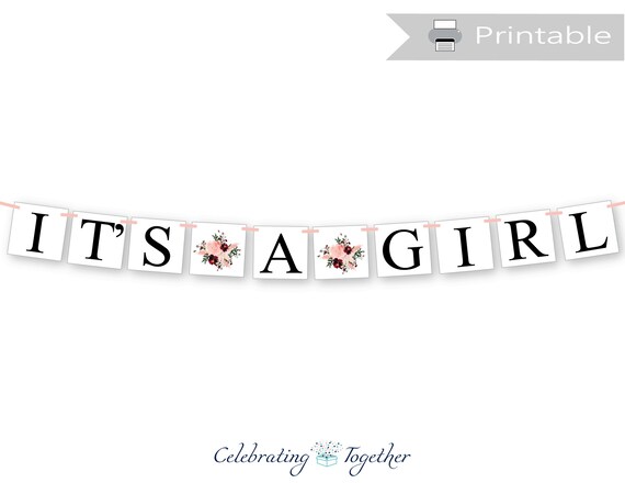 Printable its a girl banner, coral watercolor flower baby shower decorations, digital download baby girl sign, diy floral baby shower banner Il_570xn