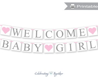 printable welcome baby girl banner, pink and gray baby shower decorations, its a girl baby shower banner, gender reveal party decor ideas