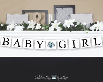 baby girl banner, blue watercolor flower baby shower decorations, floral girl baby shower banner, foliage its a girl gender reveal ideas