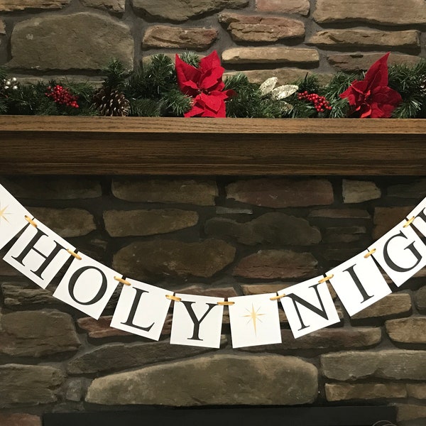 O holy night Banner, Gold North Star Christmas decorations, living room holiday decor, fireplace mantel bunting, Christmas carol garland