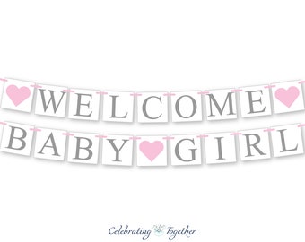 Welcome baby girl banner, its a girl bunting, gender reveal party baby shower decorations, gray and pink baby shower banner ideas