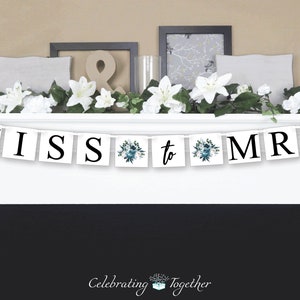 miss to mrs banner, blue watercolor flower bridal shower decorations, bride to be decor, bachelorette party garland, boho future mrs sign