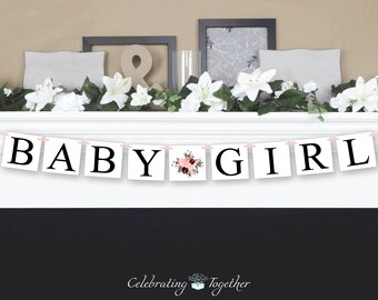 baby girl banner, coral and maroon watercolor flower baby shower decorations, floral girl baby shower banner, its a girl gender reveal ideas